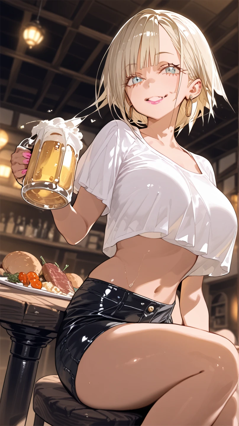 flat chests, nsfw, masterpiece, 1 girl, erect nipples, intricately detailed, topless, pubs, table, crowd, navel, bare shoulders, necklace, beer, tavern, inn, pub, crowd, white skirt, waist apron, blonde hair, embarassed, smiling, extremely detailed, photorealistic, octane render, 8 k, unreal engine, bare breasts, nipples, yellow eyes, carrying beer tray, bare stomach, sweaty, people on background, oktoberfest, smiling, moist breath, child, arm strap, small breasts, luminedef