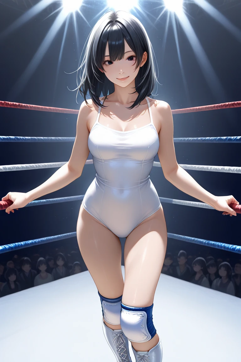 full body photographed、masterpiece、top-quality、hight resolution、Bery short hair、elvish、silber hair、Big green eyes、weak、High leg cut swimsuit、white sporty boots、Sweaty skin、Professional wrestling venues、professional wrestling、((On the ring of professional wrestling:1.1))、Red face、20 year old woman,Young Woman's ((She's standing:1.2))、(tiny chest:1.2)、sullenness