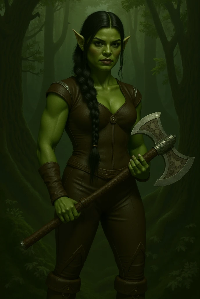 (((solo))), female-orc, tall, High quality, highly detailed, masterpiece, RAW photo, best quality, (small biceps), (cute feminine face), ((no abs belly), thin waist, (((green skin))), (thin hips), big nose, thick lip, black hair, ((loose hair)), long hair, (pleasure), very sweaty, wet, cinematic lighting, lush illumination, (thin arms), (thin legs), big lips, small breasts, ((leather armor)), ((skirt)), ((breacers)), muted colors