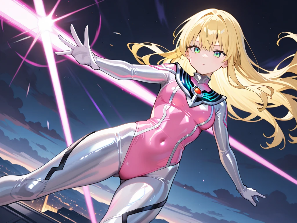 ((masterpiece)), ((best quality)), ((highres)), 1girl, solo, leotard, bare legs, matching boots, sleeveless, looking at viewer, light particles, city backdrop, perfect hands, perfect eyes, perfect leotard, perfect legs, perfect arms, perfect fingers, medium breasts, pink leotard, spinning, blonde hair, long hair, knee boots, blue eyes, heart cutout, cute face, hair down, bangs, sleeveless, pink gloves, pink footwear, cleavage cutout, superhero, super speed, light swirls around her body, time travel, super spin, spinning around, whirlwind spin, atom