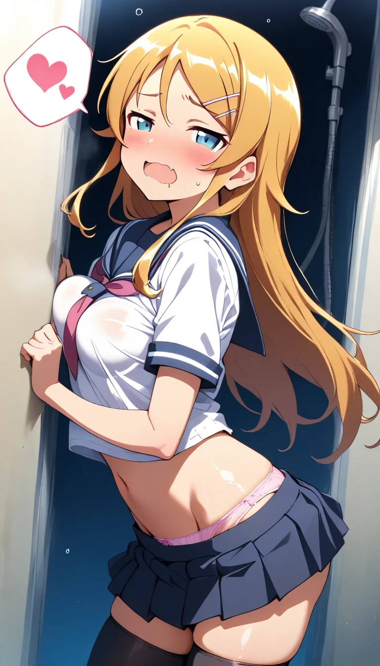 Highest quality, Super detailed, masterpiece, Ultra-high resolution, 8K, Embarrassing, blush, Lovely, Close one eye, With tears in her eyes and her mouth open, drooling, (arms behind head), wariza, (off-shoulder sailor uniform, micro mini skirt), under boob, crop top navel, 1girl, kousaka kirino, ore no imouto ga konna ni kawaii wake ga nai, (Twin tails), medium breasts, Absolute area, Waistline, Shower room