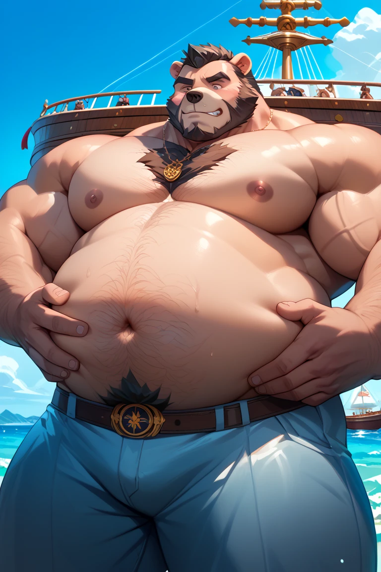 A young Chinese fisherman's father has a gray mustache and white hair, a muscular body, wears crotch underwear, takes off his shirt and sleeps on a fishing boat in the middle of the sea.