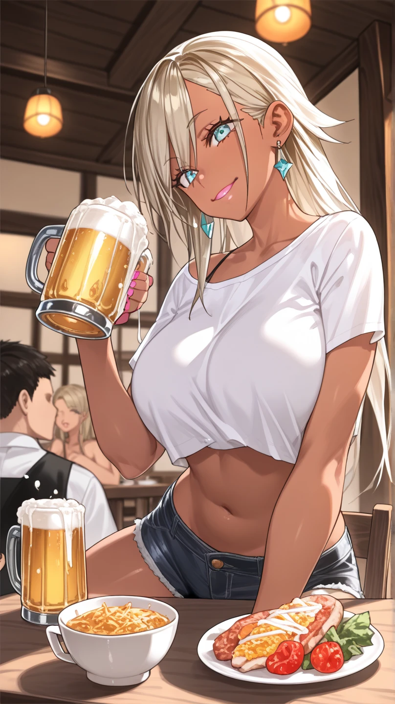 Milf with dark skin,white hair,Cat's ears, wearing a sweaty white shirt with nipple marks on his chest,short curto legging, drinking a beer