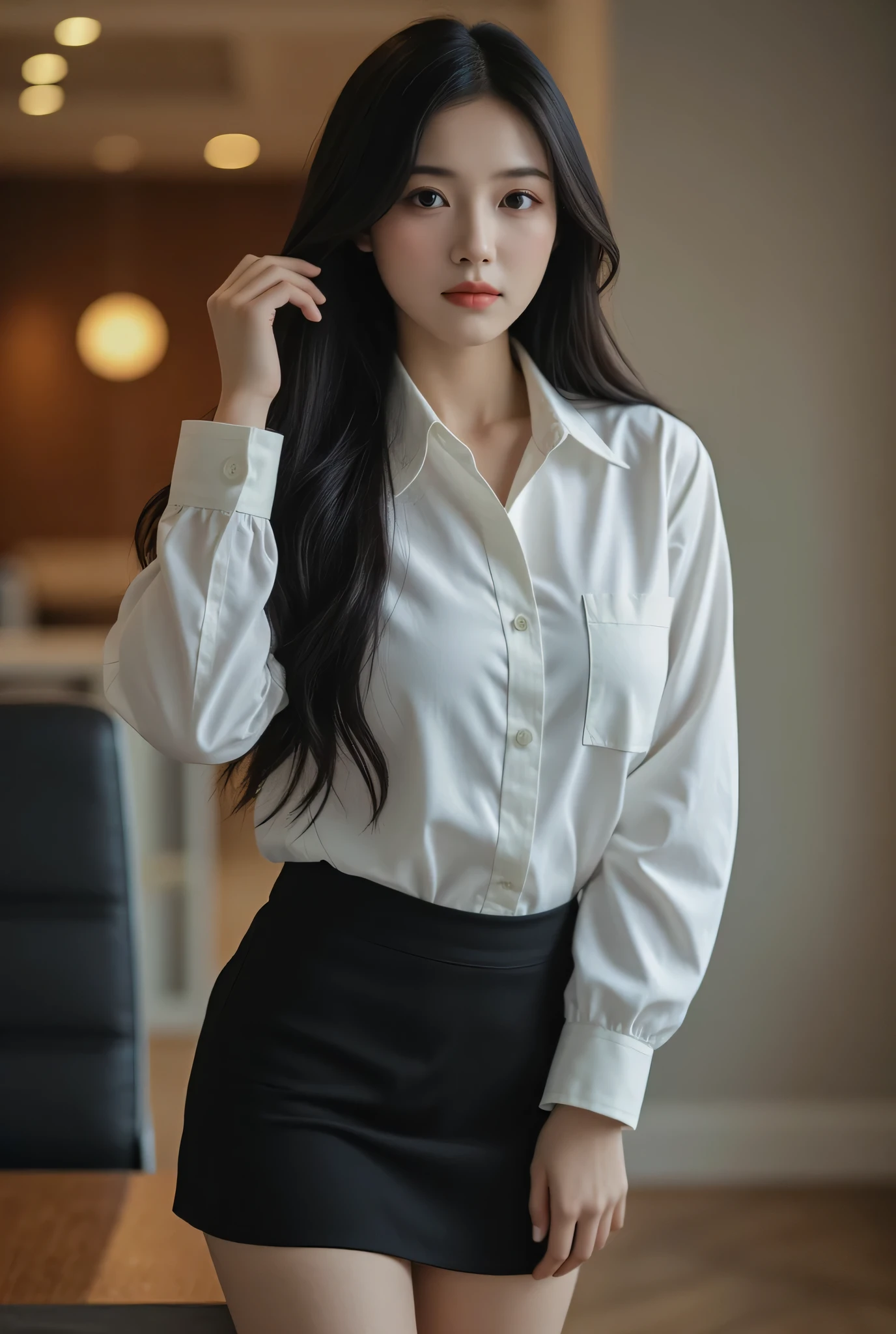 1 Girl,office,Soft Light,Chinese Beauty,Short skirt,Dark-haired,Length of hair