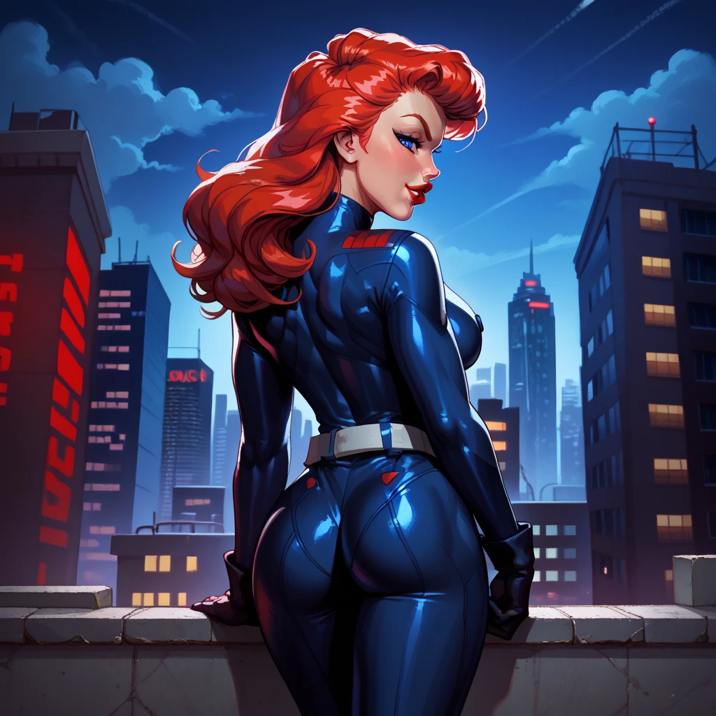 (obra-prima:1.2), (ultra-detalhado:1.2), (cinematographic lighting), (luz noturna), image takes place at night, Drawing of a beautiful woman in a crouched pose on top of buildings, Batwoman, mulher bonita e ultra detalhada, olhos chamativos, olhos azuis, corpo atletico, uniforme Batwoman, adulta, cabelo loiro, cabelo longo, curvy ass, gigantic breast, bubble butt