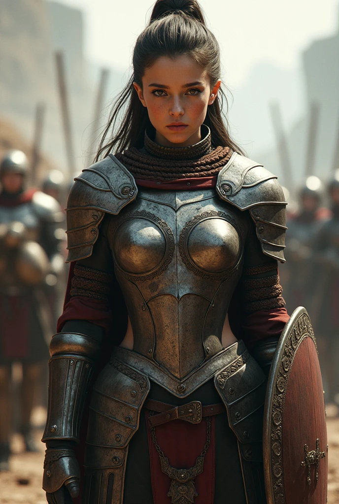 beautiful detailed eyes, beautiful detailed lips, extremely detailed eyes and face, long eyelashes, 1 girl, big boob, heavily armored warrior woman, sexy armor, leading an army of thousands, medieval fantasy, epic battle scene, dark fantasy, dramatic lighting, cinematic, epic scale, highly detailed, intricate armor design, striking pose, powerful expression, moody colors, dramatic shadows, volumetric lighting, photorealistic, 8k, high resolution, hyper detailed, masterpiece