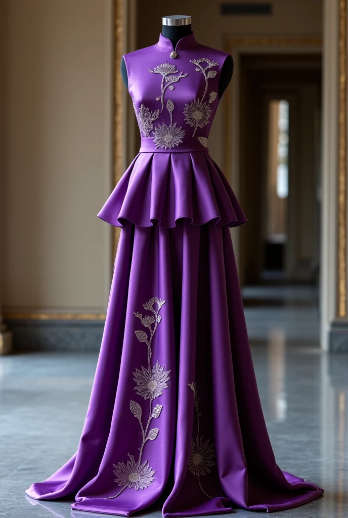 Thai dress, purple Thai pattern, flared skirt, lotus collar, neat
