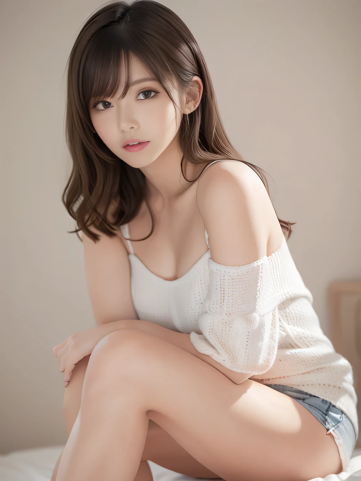 Stylish Japanese Idol, model-like appearance, youthful, shoulder-length ash brown hair, natural straight hair, natural makeup, subtle highlight, soft features, gentle eyes, realistic skin texture, natural eyelashessharp and translucent fair skin, almond-shaped eyes, refined natural makeup, matte rose lips, cool and confident expression, wearing a light gray off-shoulder top, boldly exposing the shoulder, form-fitting silhouette that highlights her figure, sitting with legs together, looking straight ahead, clean white background, soft natural lighting, elegant and sophisticated mood, realistic style, ultra high resolution,