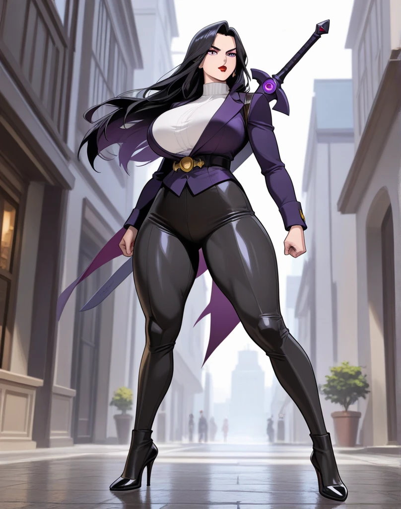 beautiful woman, long black hair, with bangs, purple eyes, purple ninja outfit, big bust, showing full body, high quality, in dojo