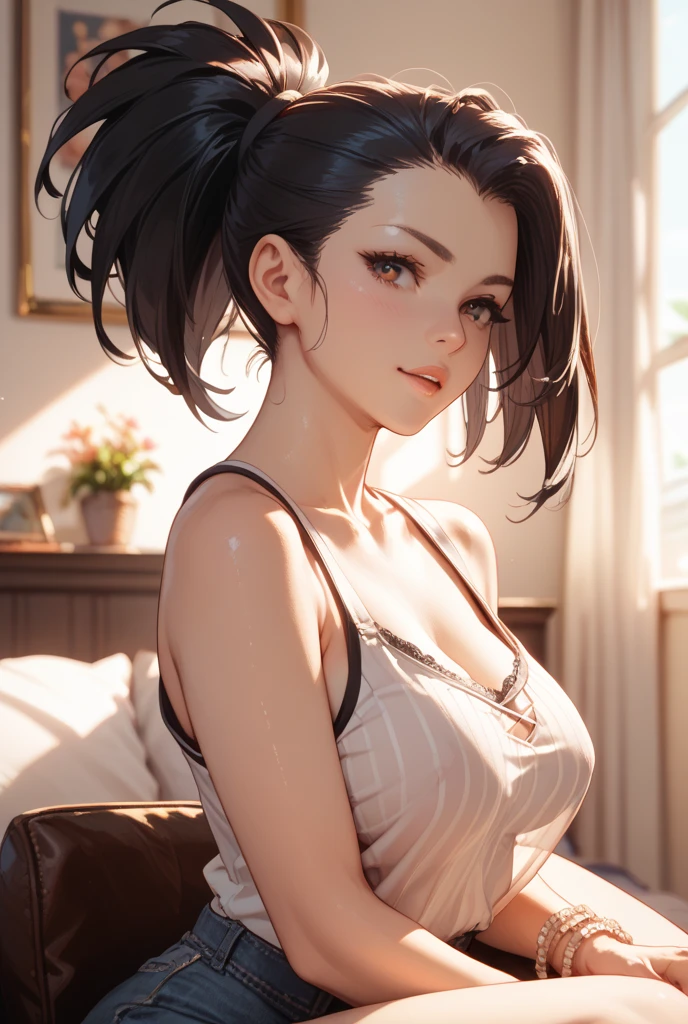 8K quality、quality、super high image quality、Super detailed、Super realistic hair texture、beautiful women in bright colors、long and beautiful hair、shiny heine hair mesh、ponytail、blue eyes、Glossy, glowing skin、(((wearing only suspenders)))、Very huge big、off shoulder、laughter、soft pink lips、ultra-realistic sensuality、cheeks turn red、cherry blossoms are blooming