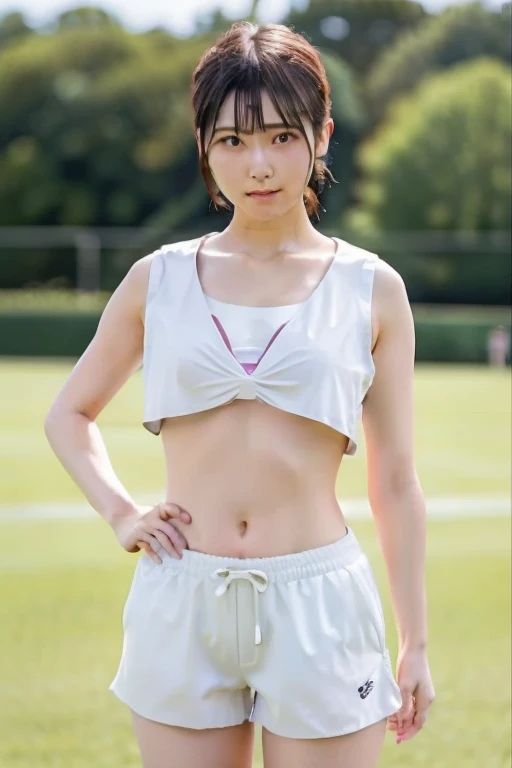 (8k、live-action、Raw photo、highest quality、masterpiece:1.2),(Outdoors,Front lighting:1.2),((Perfect lighting)),(Long Bob Cut),Watching the audience,Looking up,Looking at the front,Sexy pose, strong,Erotic,18-year-old,student,White skin,knees,Absurd,Small Face,前hairを真ん中から分けます、The forehead is visible,(Be embarrassed,Tight eyes,Glare,strong,skinny,skinny,get annoyed)、masterpiece,highest quality、超A high resolution,one person, solo,Close-up shot、cute、Back to Students,(Sporty clothes:1.3),High school girl,Japanese women,standing,(フォトReal:1.37)、Photon Mapping,Realistic、cuteSmall Face,Brown eyes、prospect、Depth of written boundary、Blurred Background、Real,(前hairが見える), hair, kneesが見える, thigh,(Nogizaka Idol), actress、Big and ample breasts、Cleavage、Super fine、Low people、(Skin with visible pores:1.2)、(Focus on the face)、8 heads、Natural neck、Check and correct the skeleton
