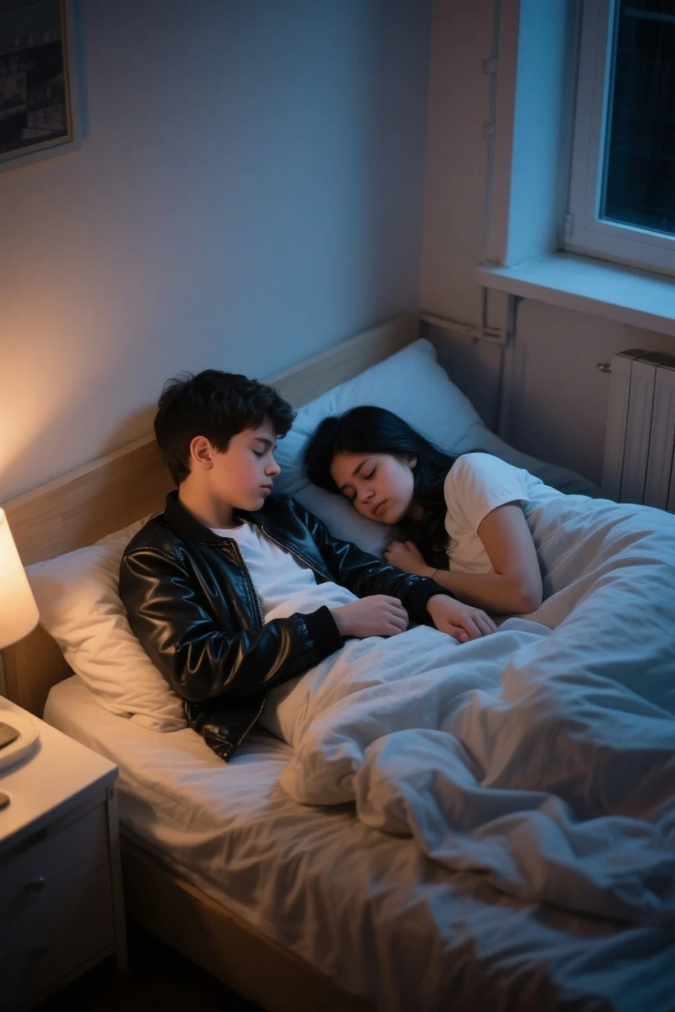 a young man and young woman leaning against each other sleeping in backseat of car, realistic detailed portrait, intimate tender moment, warm lighting, soft colors, depth of field, cinematic composition, photorealistic, masterpiece hyperrealistic, no words