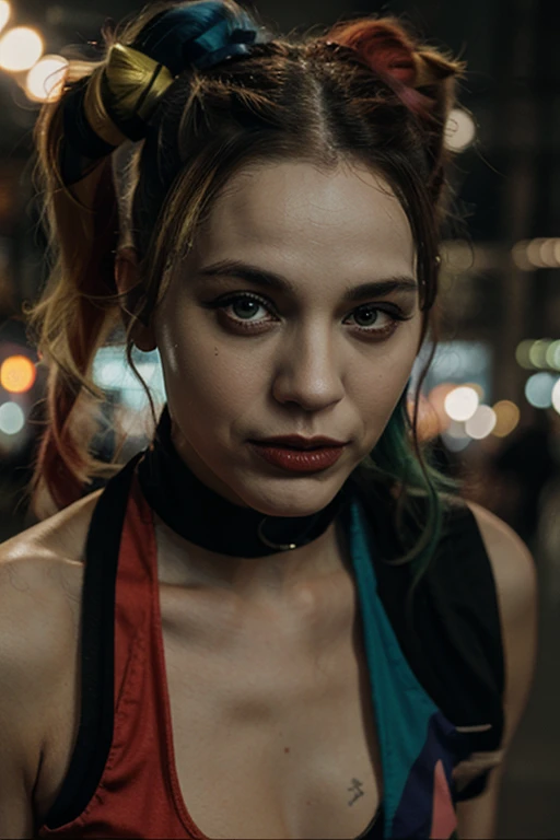 Harley Quinn, harley quinn, work of art, 4k resolution, ultra-realistic, very detailed, Charismatic, there&#39;s a girl at the top of town, Harley Quinn, approximately 25 years, long hair, whole body, sexyposture, show of force, urban environment, with graffiti and graffiti on walls and buildings, urban landscape, at night, dynamic lights, fullmoon, 4K High Definition Painting, very realistic, very detailled. 