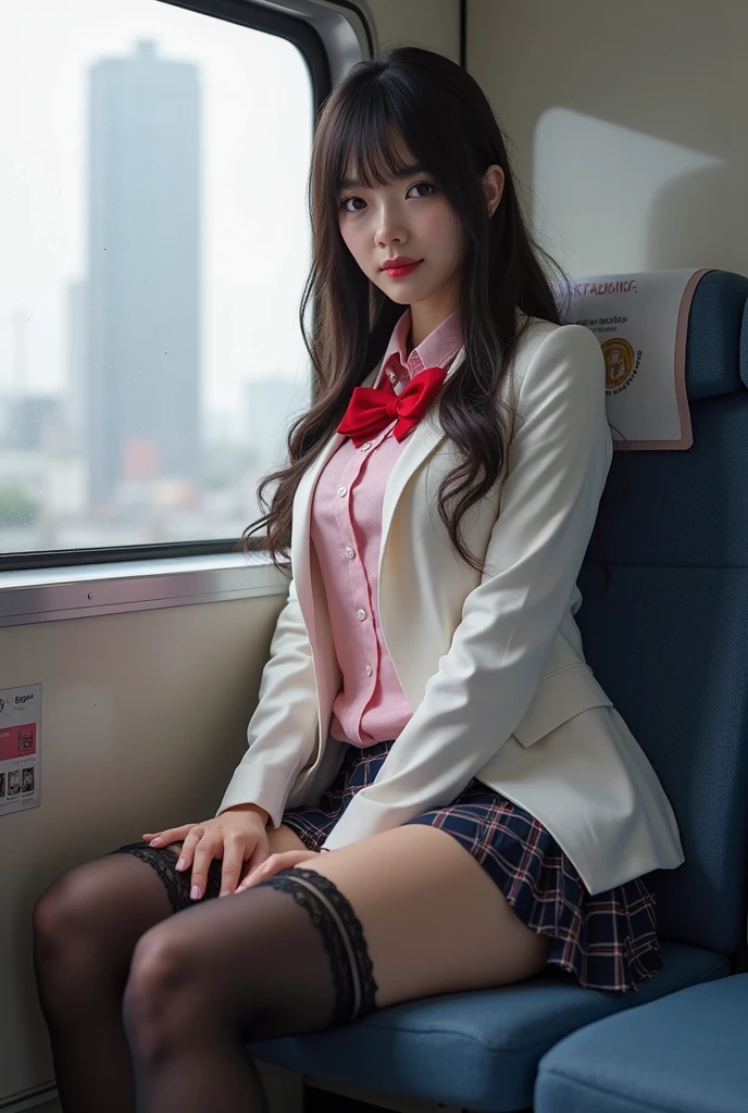 ((Female student sitting on a train seat )),Charming eyes,Heartwarming action,Turn your face away from the camera,stooped,Bend over,turn back,Look up at your head,thick and long black hair,Highly detailed body,Highly detailed face,best qualtiy、(P boobs iNK underwear),(High School Girls),((White Blazer、emblem on breasts))、((Translucent blouse)),((red bowtie)),((navy check flare skirt)),(Black stockings)、((Outside the window, Hazy skyscrapers)),((White lace panties are visible)),((((Open legs)))),((((Eyes closed))))