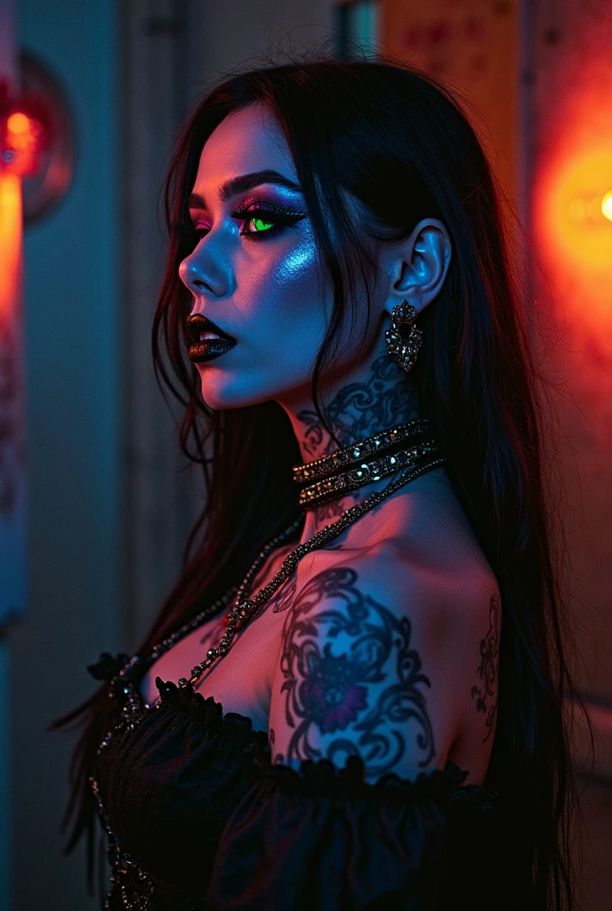 Create a hyper detailed photograph of a tattooed muscular young sexy goth vampire girl, Stunningly perfect gorgeous feminine face, perfect makeup, detailed vibrant eyes, long flowing hair, big beautiful muscular legs, big beautiful muscular arms, perfect hour glass body figure, detailed smooth skin, large breast, perfect round ass, complete full body view,