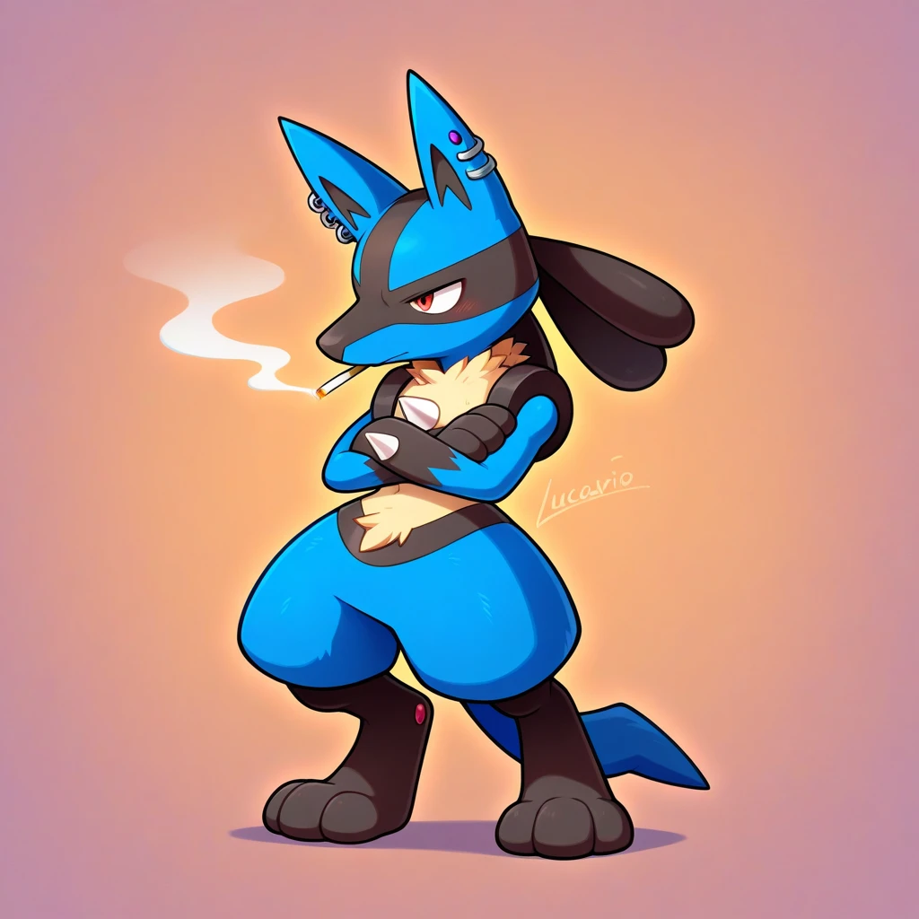 seth-iova, lucario, male, huge ass, solo, lying down, hindquarters presentation, raised ass, black beret, bulletproof vest, full body, 3 toe, red background