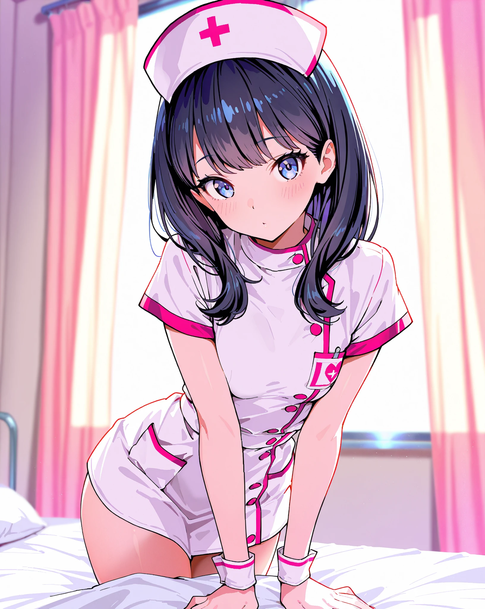 (highest quality: 1.3), (masterpiece: 1.3), (Super detailed: 1.3), (wall-, one girl, liar: 1.1), ([diamond: 1.3|eye]:1.2)、([opal:1.9|Slope_she:1.1]:1.2)、(delicate hands and fingers:1.2)、(Detailed super oily shiny skin:1.1)、([Wet:0.8|Mukoi])、oily shiny thighs、high school girl、(perfect pink nurse costume:1.4)、Pink she、(pink panties:1.3)、short-she、bouncing she、beautiful sister、smile、(hospital:1.2)、、night scene、hospital部屋、bed、sit on bed、(fun:1.2) 、(pink good:1.2)、sit with legs apart、Body Archback、(naughty atmosphere:1.5)、Provocative attitude、Ahegao、A face that feels、While writhing in agony