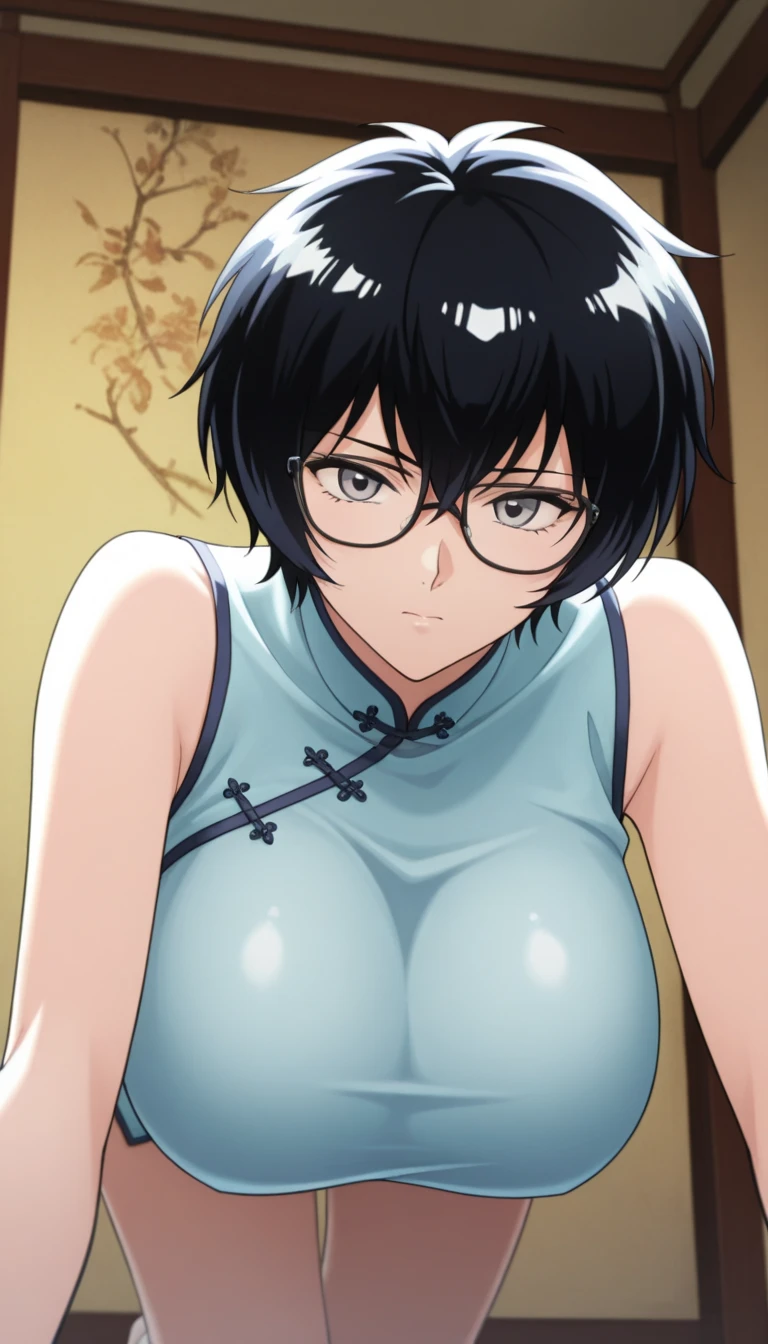 (perfect body),highest quality,16k、Masseter muscle part、((NSFW))、((((embarrassing))))、(breast enhancement)、Are crying、(obesity)、(kissing)、Tree Fe○lumes、short hair、(red eyes),black hair、((Sweat))、(((focus on face)))、(bedroom at night)、glasses、sticking out tongue、Drool、eyes closed