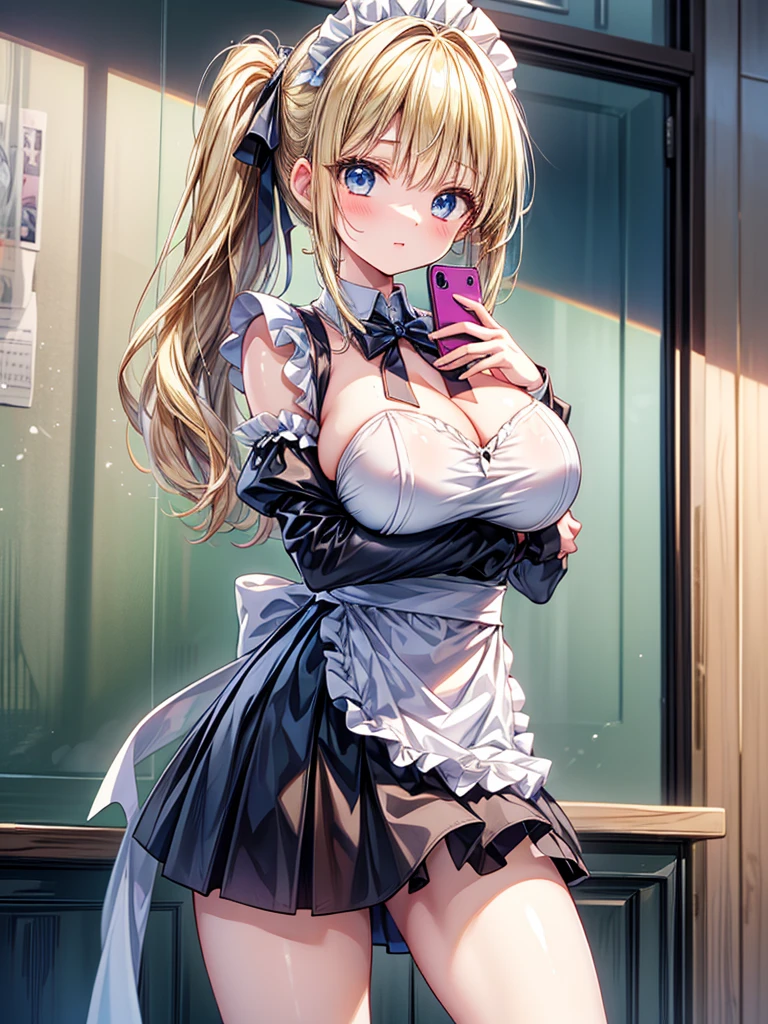 ((highest quality、High resolution、8K、masterpiece:1.3))、dynamic angle、I can see the whole body、wallpaper、1 girl、unparalleled beauty、ultimate beauty、super detailed face、delicate eyes、smile shyly、sexy look、Depth of bounds written、light particles、side light、long hair、blonde、maid、宝石で装飾されたmaid服、maidスカート、(Lifting the skirt with both hands)、((exposed、She shyly lifts up her skirt and shows her pussy.))、(Love juice dripping from the pussy)、Open chest、big breasts、cleavage、Thighhighs、thighs、slim、slender、Old castle at night