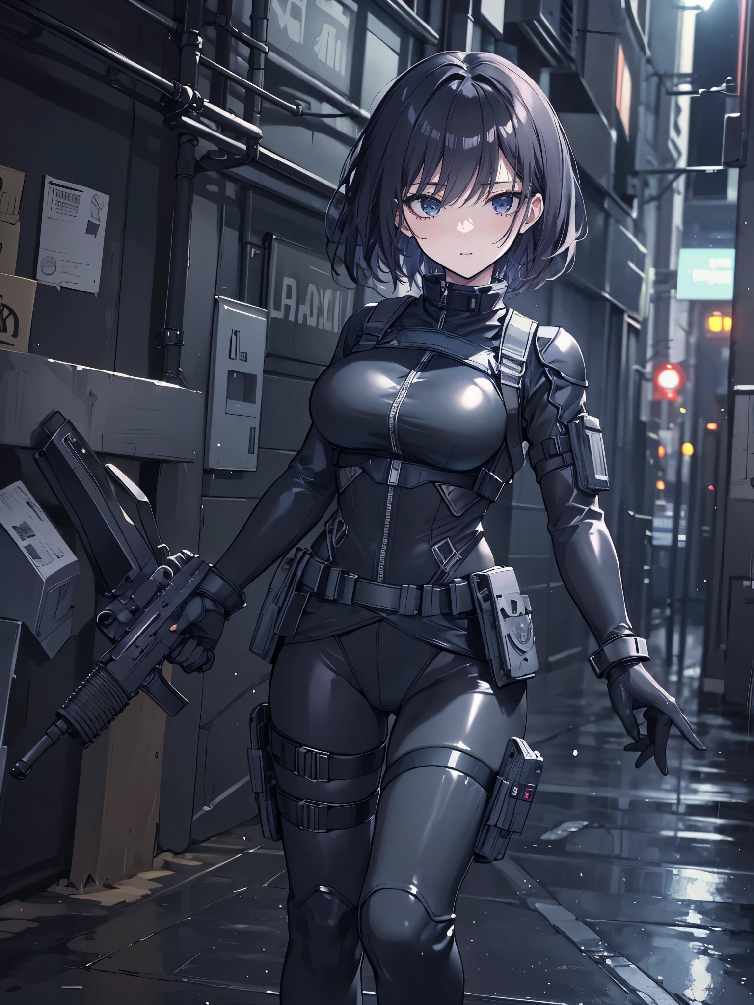 ((best quality)), ((masterpiece)), (detailed), anime girl gesture, walking, (looking away),  shy look, short black hair, big breasts, sexy, ,ojos detaileds, blue eyes, (((pale skin))), tactical hip covers,  tactical equipment ,  chest harness , ((battlesuit tight black)) ((black gloves)), ((shiny black tight leggings)), Special mission, ((at night)), ((dark alley)), city, heavy rain, Approach,

