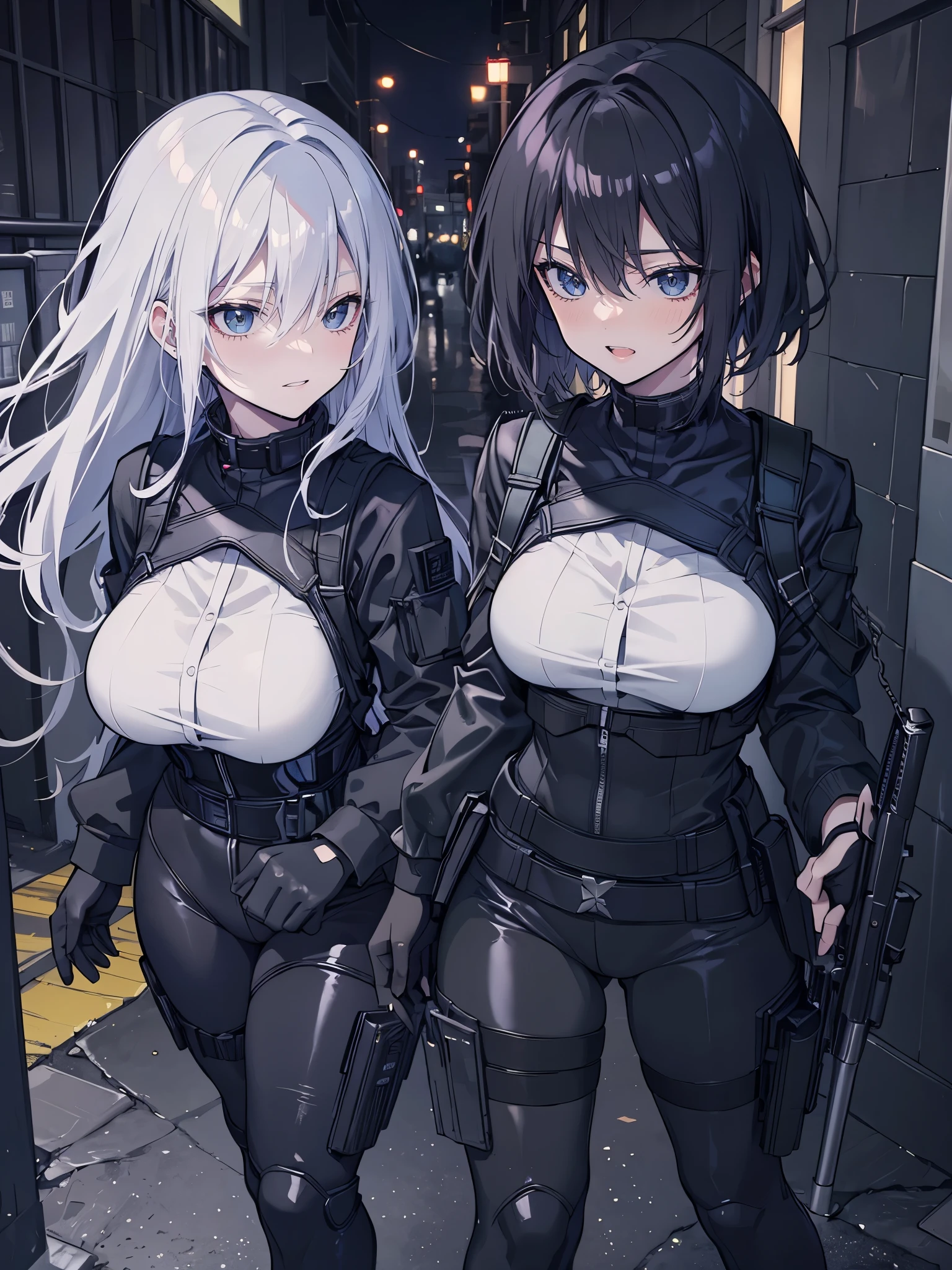 Absurd resolution, high resolution, (masterpiece: 1.4), hyper-detail, full body shot, full frontal camera perspective, solo, 1 kemono feline cat woman, humanoid, no skin other than neck and head shown, pilot suit, black hair, messy ponytail, cute face, detailed soft grey luminous eyes, huge massive hyper super swollen heavy breasts, breasts so big that cover her whole torso and are bigger than her head while being so big they reach her belly button, extremely super large swollen perky heavy bust, super huge enormously gigantic tits, gigantic breasts stretching/straining out of her outfit looking like they are about to burst out, breasts compressed squishing barely contained in outfit, inflated breasts, breasts_expansion, super gigantic swollen heavy tits, wide full hips, narrower torso and shoulders, smaller torso, narrower waist, full thicc big soft thighs, thicc thighs, big rounded full soft butt, thicc butt, ruggedized utility styled outfit, fully insulated suit, full body outfit coverage with no skin showing or revealed, airtight/watertight zippers and seals, scifi monochrome black and grey fullbody covering protective padding rugged loose-fitted pilot utility suit with strategically placed protective padding, white zipped utility cropped top for breasts support with a black strap horizontal across cleavage worn on top of suit, tactical strategic angular-patterned protective padding on hips and thighs and abdomen, practical/functional clothing, weather-proof durable clothing material, nylon clothing material, custom made clothing to fit and support large breasts, scifi padded rugged rigid high collar techwear jacket, armored high collar, white and black triangular decals and techwear iconography on apparel and clothing, techwear gloves, arm mounted strapped display scifi tablet/communication device/computer, ruggedized tech, ruggedized tech aesthetic, fitted utility pants, utility chaps, near future scifi, cyberpunk aesthetic, anime aesthetic, tactical aesthetic