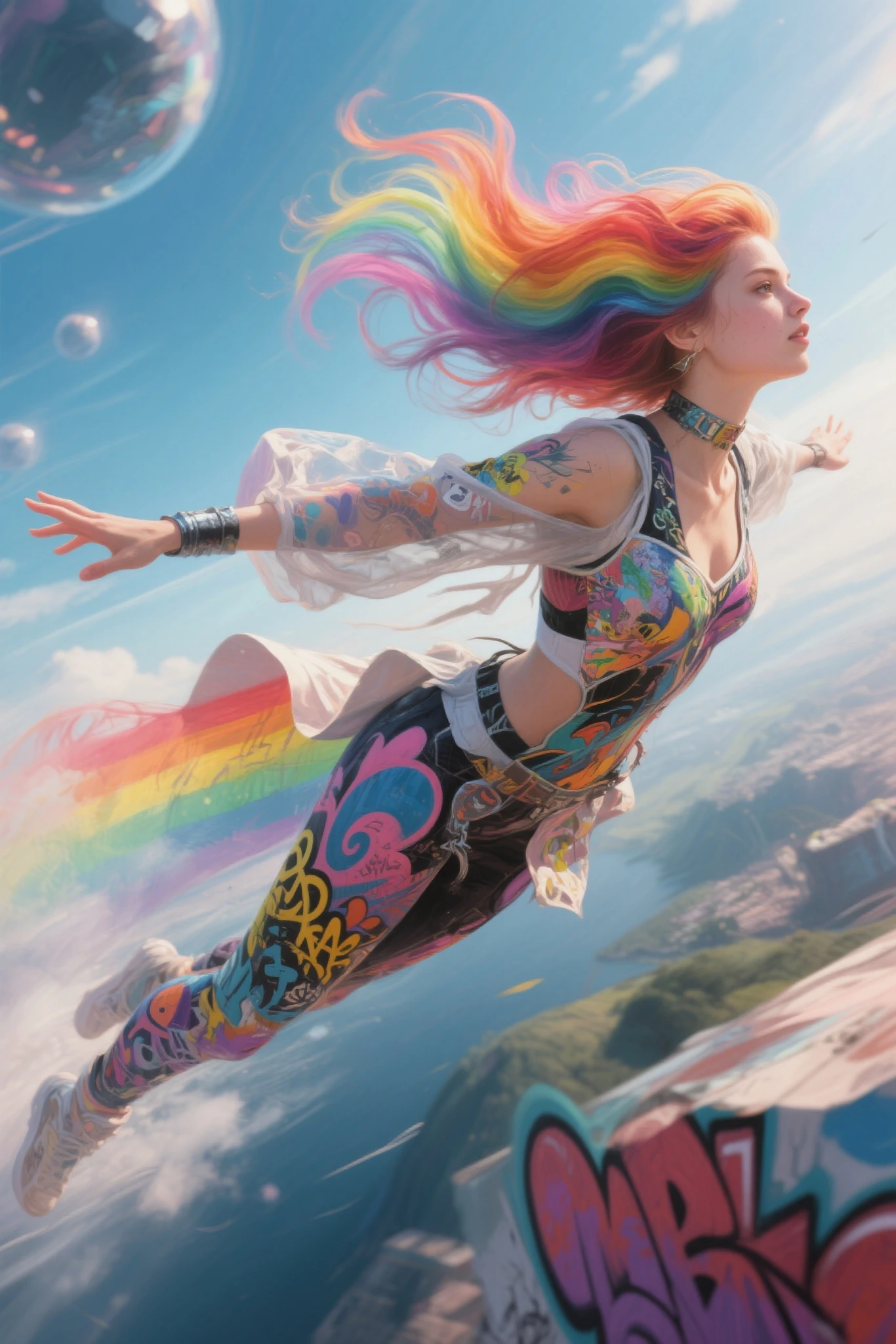A woman who flies freely in a world without gravity, A woman with rainbow hair fluttering at the speed of flight and a graffiti art overstyle costume, Realistic,high resolution,Professional,Vivid Colors,extremely detailed description,4K,HDR,physics-based rendering,Bokeh effect,oil painting