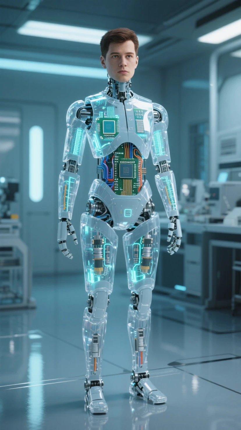 Translucent ethereal mechanical boy，futuristic boy，andróid, Mechanical jointecha boy，futuristic urban background, whole body, no cut pieces, (((whole body image))) ((male android body))