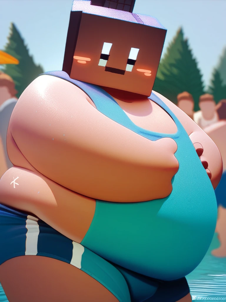 Roblox Noob,  chubby ,  Swimsuit , with a big belly to reveal clothes, cute, Swim in the water park, There are many people, side view, awkward, face red