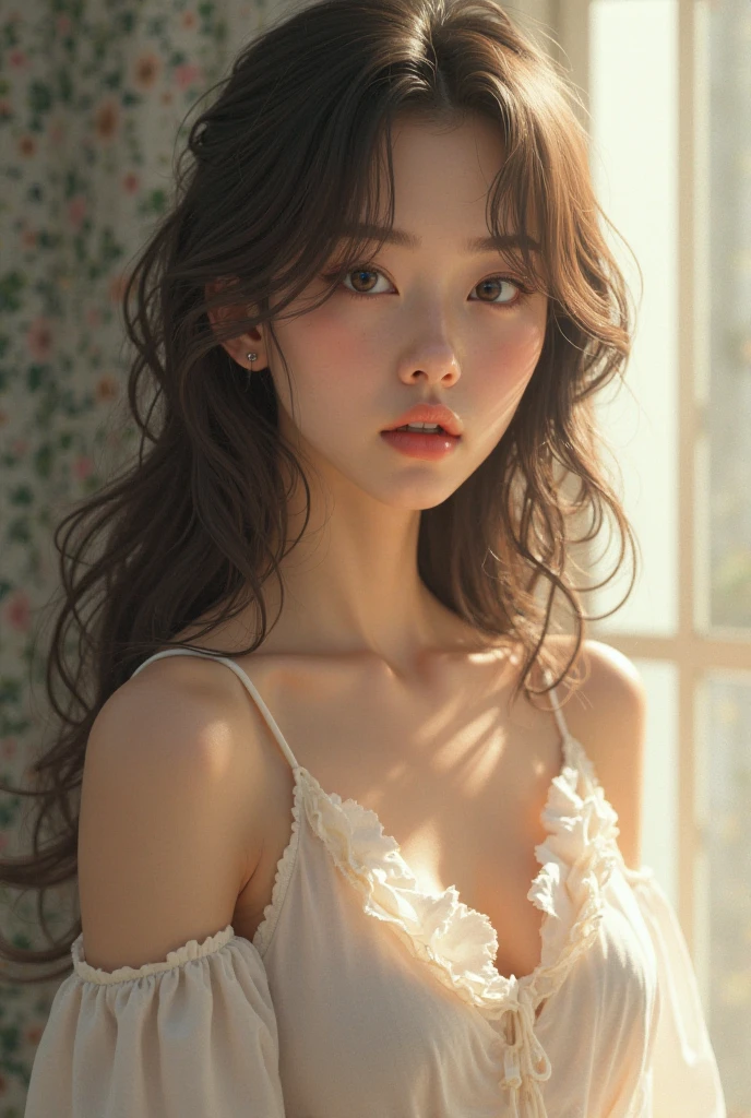 8yk、Raw photo、(masuter piece)、(finely best quality)、Hi-Res、(Kizi)、(realisitic、Hphotorealistic:1.2), Upper body、Red camisole、Facing up、skinny、14years、small tits、Eyes closed、Deep sadness、Sorrow、look up sky、Open mouth、screeming、a room、Background blur