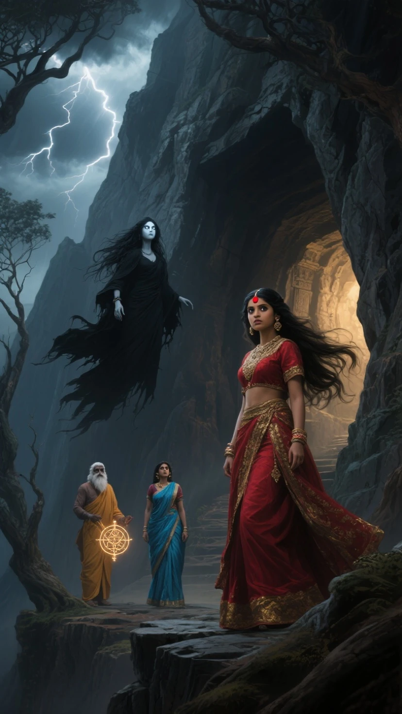 Draw a scene of an Indian chudail, Shahrukh Khan as a female ghost with long hair and inverted feet, in a realistic style,She is flying in the night sky, Haunted Forest, She is wearing a Red sari that covers her head and flows behind her like a trail of smoke, Her face is beautiful, with sharp teeth and glowing red eyes, She is holding a severed head in one hand and a bloody knife in the other. She is looking for her next victim, who is unaware of her presence, ultra realistic, highly detailed, proper body parts 