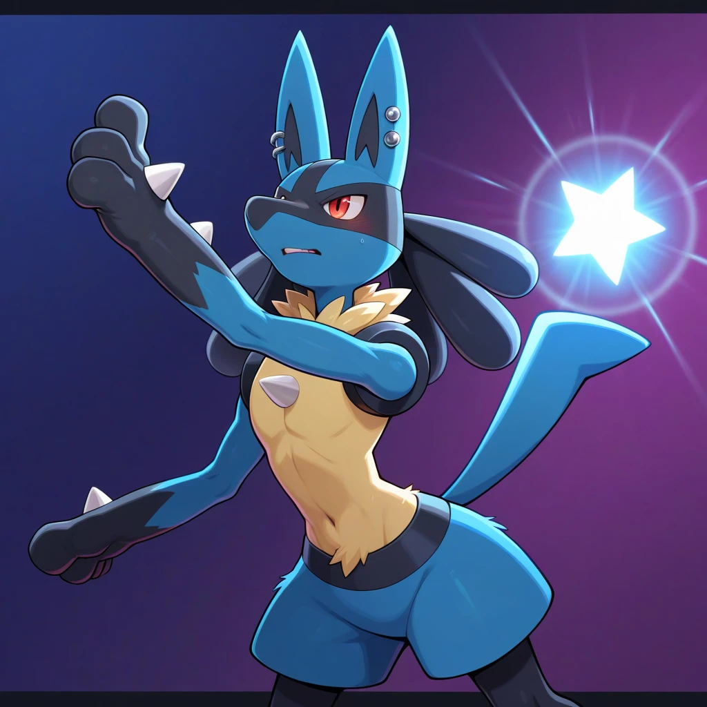 The pokemon Lucario, standing on a big rock, surrounded by bleu fire, fighting pose, sun rise in the background, tall, holding a ball of bleu lightning