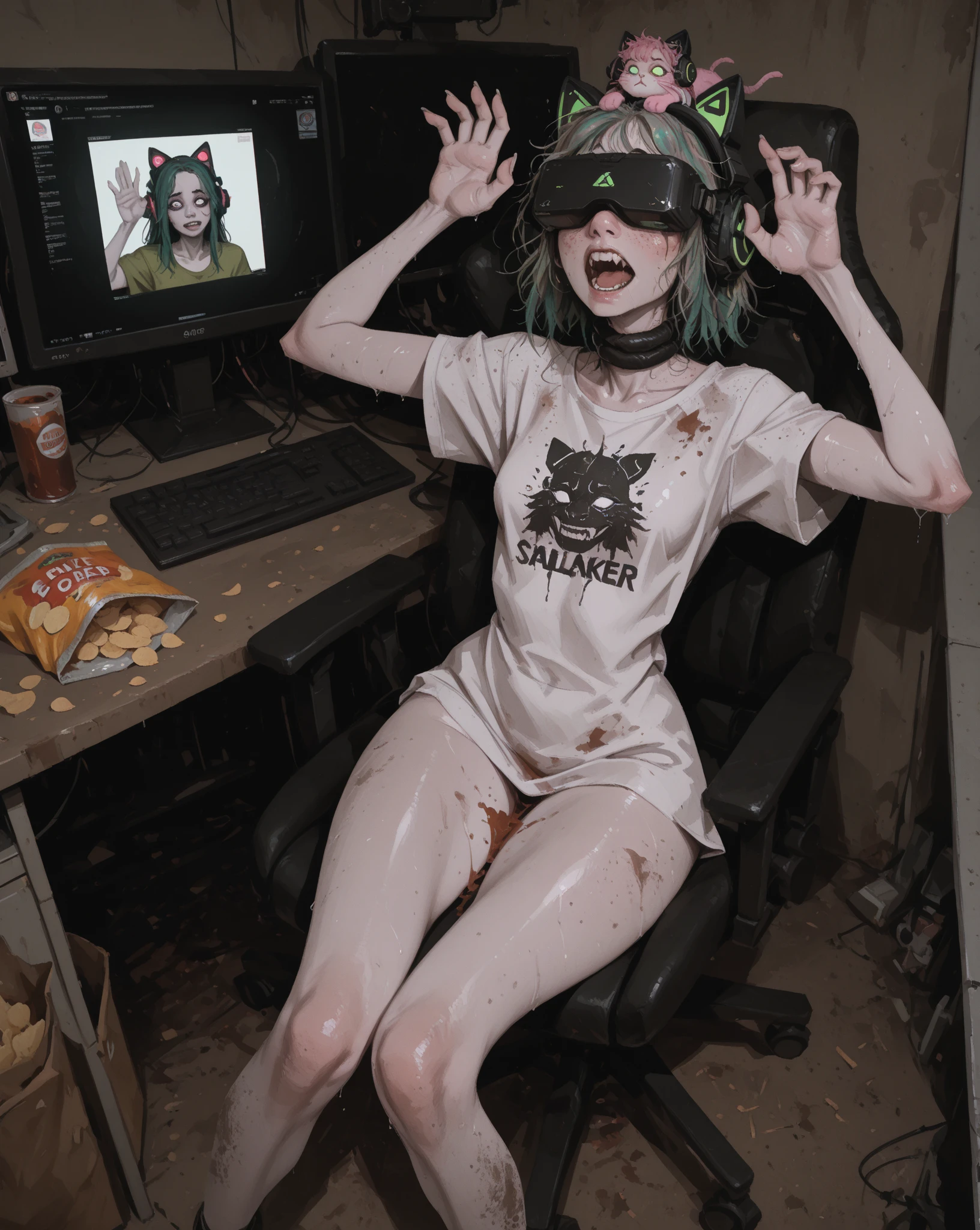 only_Woman by the window,Cyberpunk World,Neon green gas mask with a skeleton design