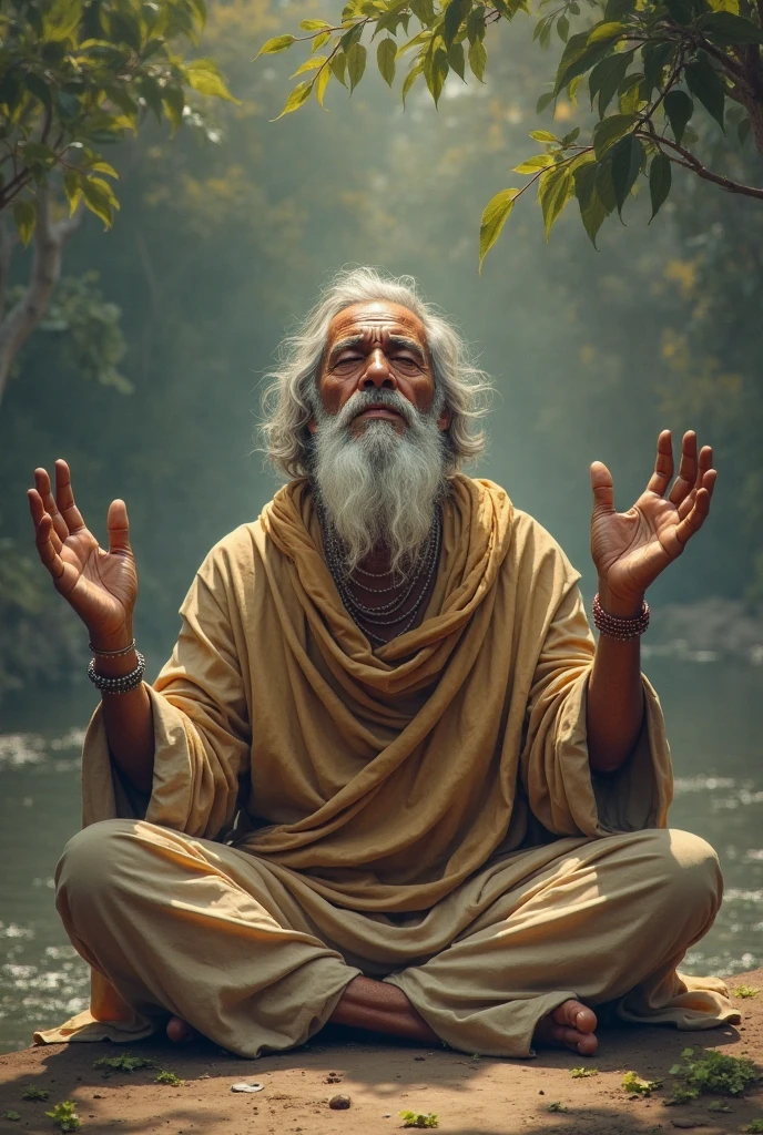 The sadhu praying silently** with folded hands and closed eyes, preparing to use his spiritual strength on the tree.
