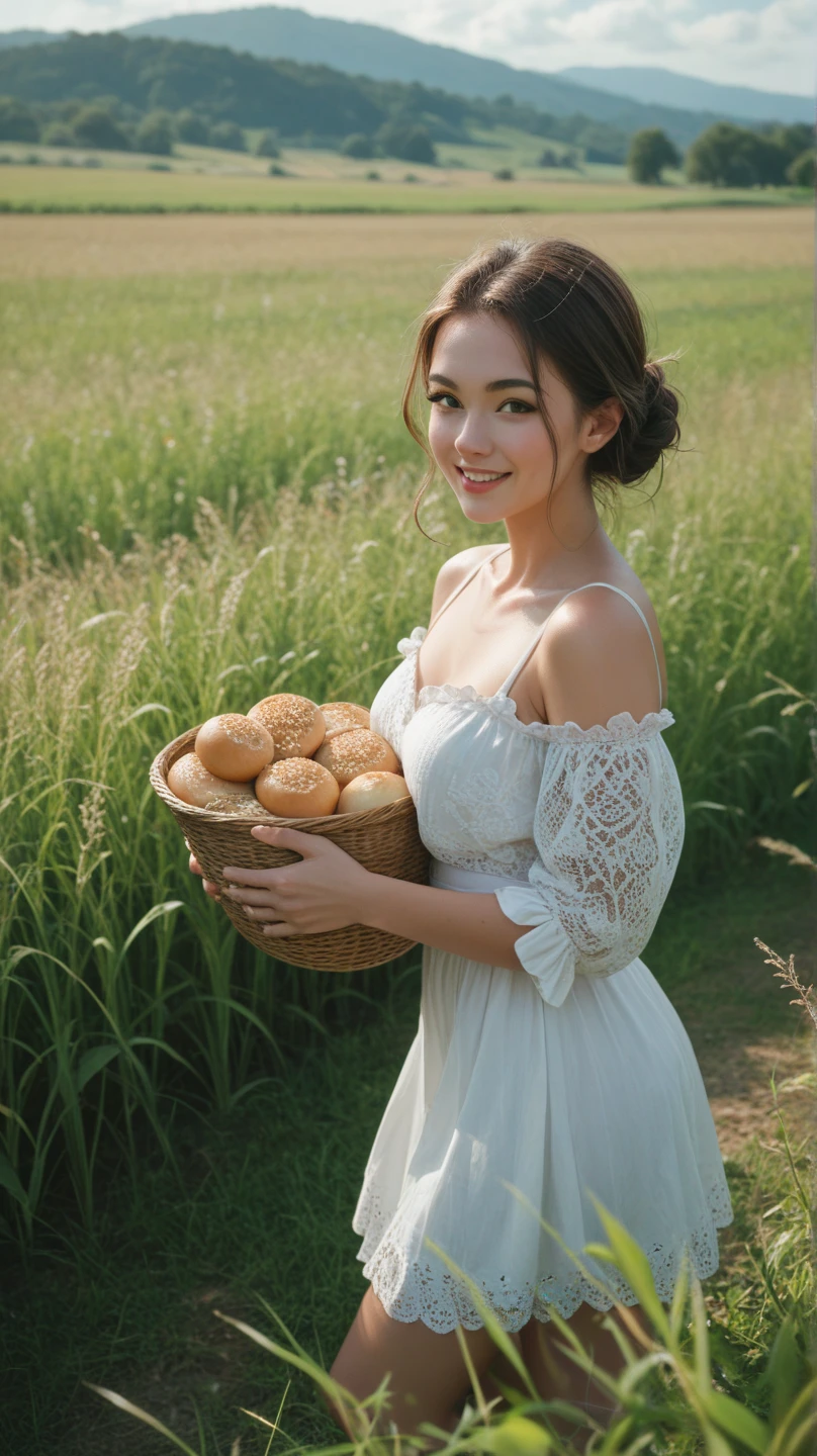 Beautiful Russian girl, beautiful blue eyes, wearing elegant dress with princess crown, holding a freshly harvested potato, garden background
