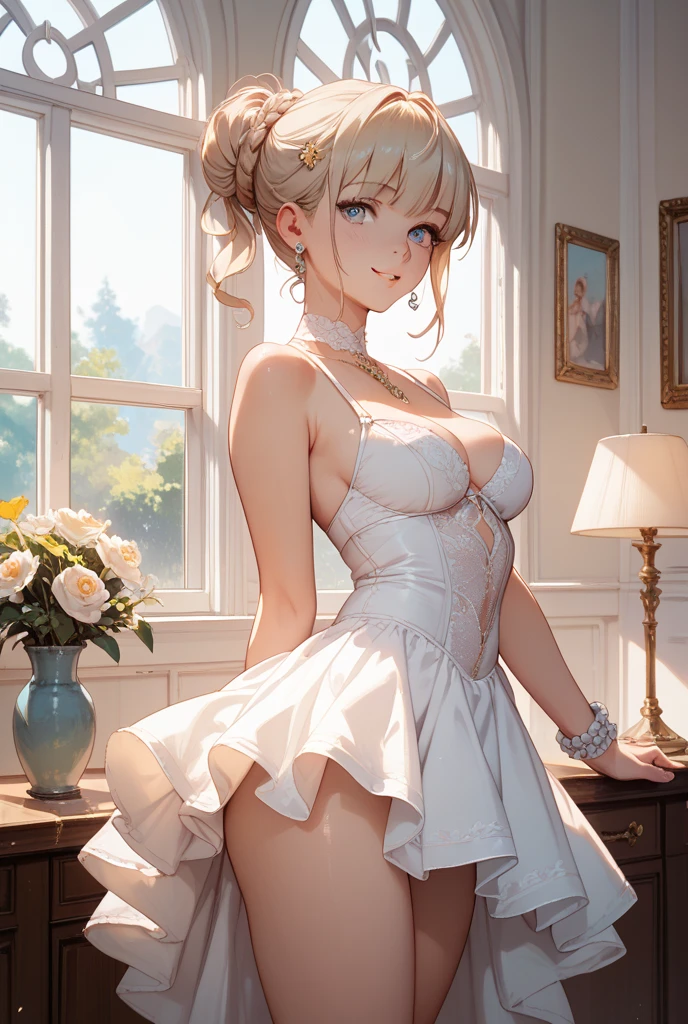 20 years old woman, milf, beautiful, short blonde hair, blue eyes, pale white skin, amazing Body, big breasts, thick thighs, milkmaid, super micro small translucent open dress, without bra, pose simple, blurred background. No blur lines, perfect lines and details, (masterpiece), small armor that barely covers her. No panties, perfect detailed colors and shadows, full body picture. Erotic woman, most erotic and sexy girl on the planet, nsfw, most beautiful face, deep cameltoe, showing nipples, nsfw, in the top of a building, small sexy bra armor