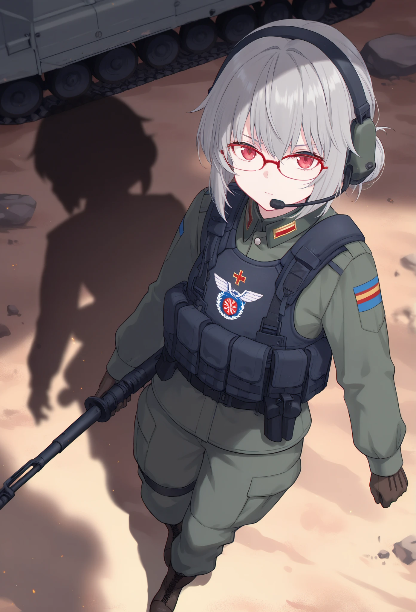 masterpiece , a girl, in patrol, ( lite white short hair:1.2), (red eyes:1.2), (russian spetsnaz millitary uniform:1.2), (8k, best quality 1.2), ultra-detailed, 8k uhd, soft lighting, high quality, film grain, beautiful lighting, cinematic ,perfect body , best illumination, best shadow, sharpness, contrast, salute, red glasses