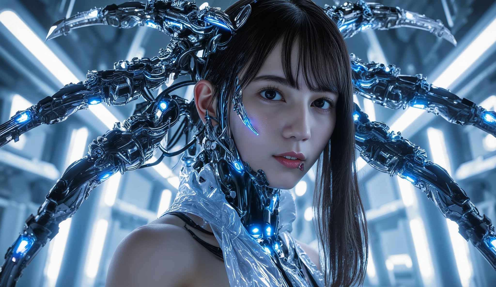 Hedonistic 22-year-old woman, (whole body:1.2), Sexy , ccute face,  (View your audience, alone, Upper Body, Detailed Background, detailed face, (Neotech Theme:1.1) Evil Tech Futuristic Hacker, Grin, Advanced Technology, coat, Techwear, Electronics, Head-up display, green (Holographic Display:1.05), Access Denied, number, Laptop, neural network, Background screen, green lights, Cyber Warfare, Dark and ominous atmosphere, Shadow,) break ((Realistic)), Mid-chest, Beautiful woman, realistic face, Mouth Details, extremely detailed eye_and_face, beautiful attractive face, beautiful detailed eye, Female-specific characteristics, matte eyehadow, eyelash, perfect body break too dark, (whole body, masterpiece), High resolution, 8k resolution, Analog RAW Digital SLR, Highest quality, Absurd, Vibrant colors, Exquisite detail, (intricately detailed face_and_eye), realistic hands, Refined details, (Realistic lighting, Sharp focus), Center Fold, Bokeh, Official Art, 8k wallpaper, 超High resolution, プロの写真撮Shadow