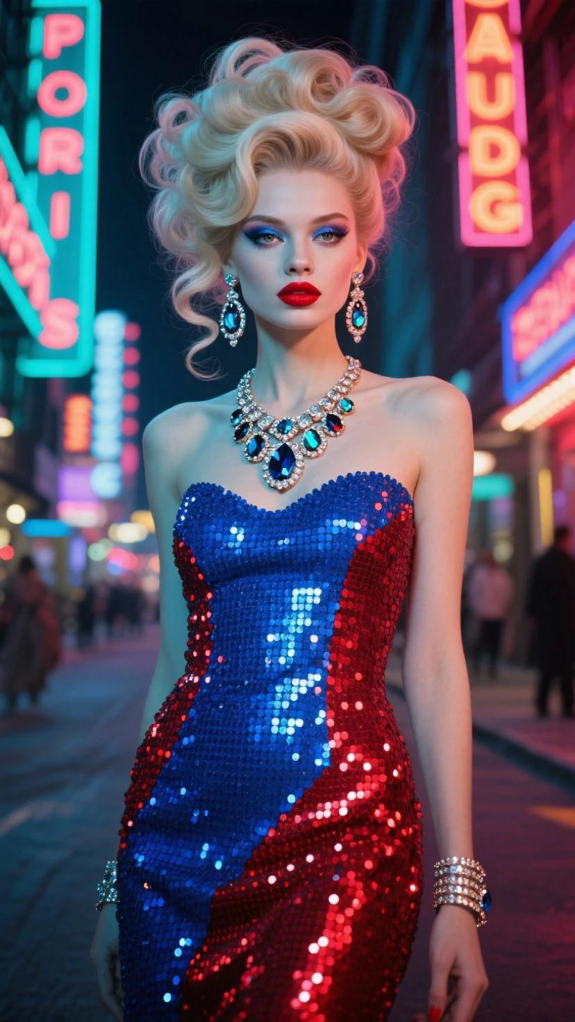 A masterpiece, 8k, beautiful 20-year-old girl, delicate face and light green eyes, short hair, highlights on her face, discreet tiara, silver earrings, short strappy dress in (((Red Lamé))) iridescent, intricate and detailed, red nylon stockings ((in full length)), New York street, movement of people and cars, hypnotizes the background illuminated by colorful and neon lights. HDR.