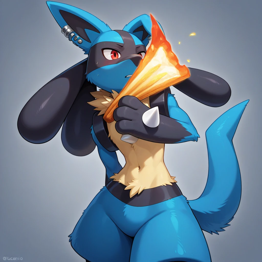 seth-iova, lucario, big butt, horny, yellow eyes, long drooping dog ears, short wavy tail, white body, male, sweaty ass, solo, epic pose, fire on hand, romantic, night