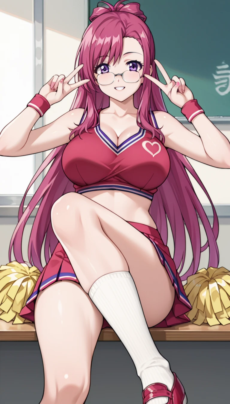 Cartoon drawing of a woman in a blue t-shirt with a star on her chest, Woman with long purple hair, Brown-eyed woman, White Socks, high-heels, woman wearing white tight skirt, woman wearing white panties, Panchira, Anime women are squatting, huge tit, had very large breasts, tall, appeal, teasing smirk, Beautiful anime woman crouching, Ecchi anime style,