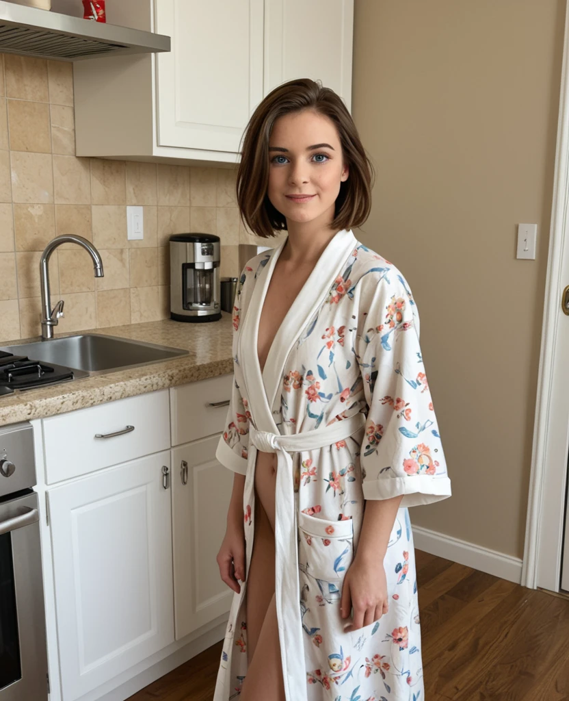 1 girl, photorealistic, realistic, ugly:1.3, Ingush woman. (((she has a sleek bob medium length short hair)))), wide forehead, Durdzuks facial feature, (((Durdzuks forehead))), 30 year-old-woman, She is looking at the camera smiling, (((she is looking at the camera smiling))), (((dynamic pose))), (((boobies))), (((nudity))), (((she is fully naked))), (((she stands seductively in the veranda of her modern, light blue cottage, enjoying a serene view overlooking a lush green golf course. The cottage, with its clean lines and contemporary design, blends harmoniously with the tranquil surroundings. Large windows allow natural light to flood the interior, creating an airy and inviting atmosphere))), (((she is wearing a plush, white open bathrobe, its soft fabric adding a touch of luxury to my morning routine. It is open so it reveals her naked body)))