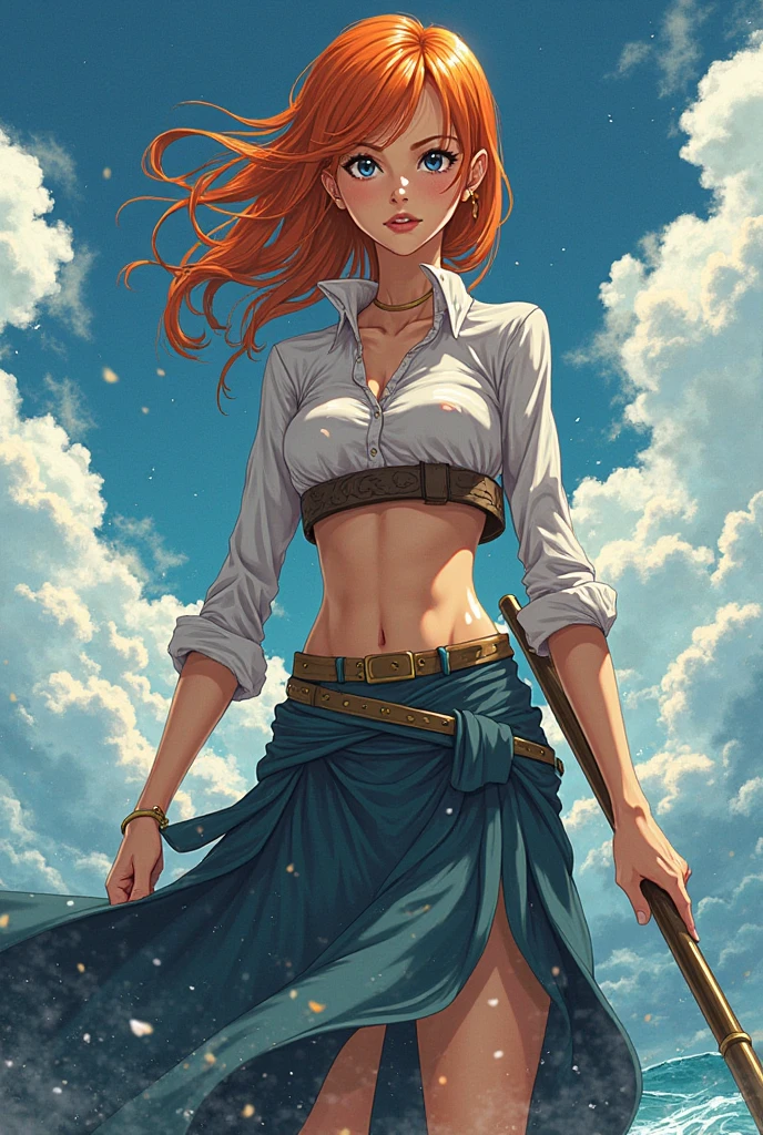 Sexy girl in clockworld theme,, best quality, ultra detailed, illustration, 1 girl, twin braided red hair, open shirt, sunlight, cloudy sky, small breasts, microskirt, great detail surroundings, short shirt, crop top ( art inspired by Bill Sienkiewicz). oil painting)