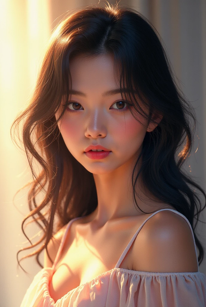asian girl with big breasts,wearing a very small bikini,detailed beautiful eyes,detailed beautiful lips,extremely detailed face,long eyelashes,beautiful young woman,realistic 3d render,photorealistic,high quality,high resolution,8k,ultra detailed,masterpiece,professional photography,beautiful lighting,warm color tones,cinematic lighting