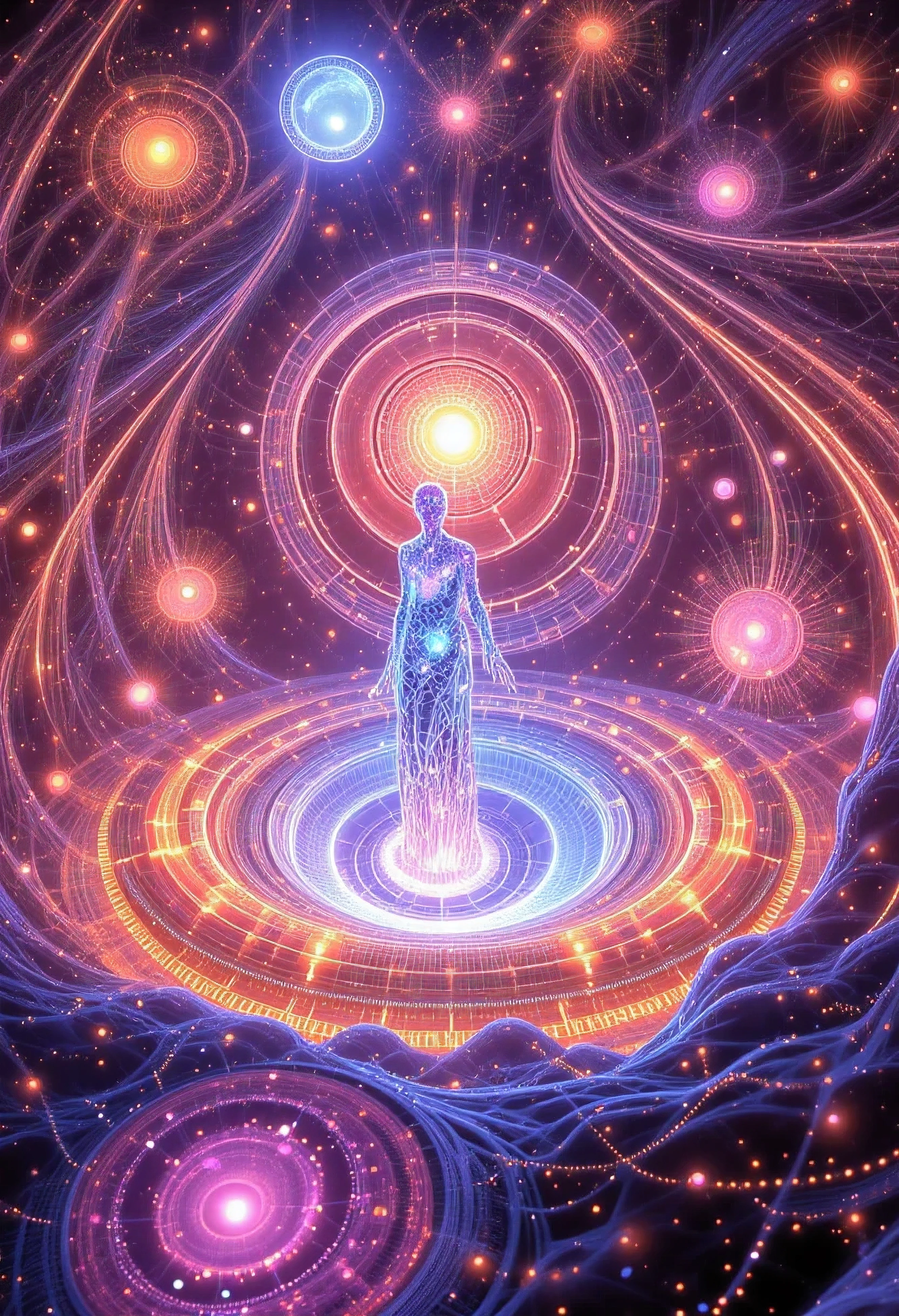“A breathtaking cosmic chamber floating in the heart of a nebula—soft, breathing walls of glowing mist in pink, purple, and gold. A transparent crystal cradle levitates in the center, encased in gentle starlight, cradling a celestial being of immense power—Soltrissa, the unborn god of infinity. Velmoria, a cosmic queen with glowing star-hair and a flowing obsidian gown, hovers beside her, whispering stardust lullabies. The ceiling is a slowly swirling black hole that pulses and dilates, turning into a glowing sun every nine minutes. The floor is not solid—it's a shimmering river of light, gently flowing in circular orbits. Small star-petals fall from the mist like snow. The entire room breathes with cosmic rhythm, ethereal, divine, untouchable. Ultra-HD cinematic lighting, volumetric glow, deep shadows, interstellar style, surreal 3D render, futuristic fantasy chamber.”