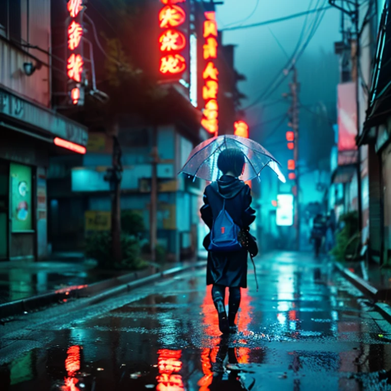 rainy office district、
It's eerily foggy、5 year old girl wearing a yellow raincoat、creepy laughter、
