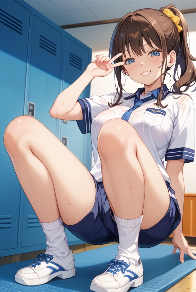 Beautiful breasts, Brown Hair, Brown eyes, Wavy short hair, bangs, blush, bright,Orgasm Facial , Baby Face, bitch,round 1, , Droopy eyes、locker room, On the floor、sports wear、undressing,show off nipples,Browsing Caution,naked,Spread your legs,Sweat,how,(1 boy),(penis),sweat,(1 boy and 1girl are having sex)、