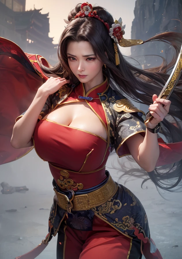 An epic battle scene set in the Shin Sangoku Musou world featuring a strikingly beautiful Diaochan. This masterpiece artwork boasts unparalleled quality and incredible detail, with stunning CG and ultra-realistic rendering. The dynamic angle captures every detail of Diaochan's voluptuous figure, accentuating her flawless complexion and luscious hair. Don't miss the intricate details of her traditional Chinese dress and the luxurious fabrics that adorn her curvy body. The lighting and shadow effects are simply breathtaking, casting the perfect amount of light on this stunning warrior princess.