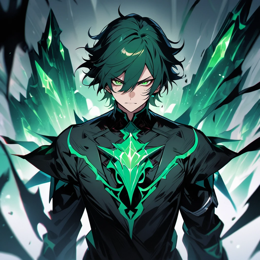 1boy, male, Black skin, intense colors, detailed facial features, mystical atmosphere, fantasy setting, intricate clothing design, intricate armor design, divine presence, Black and green hair, Godly aura, Celestial. wearing a green jacket with a black white undershirt, Reality, eyes covered, chained, blindfolded, wearing black, green & white boots, tail, Chaos, glitch, glitched, digital dissolve, chained up, chains, chain wrapped around,