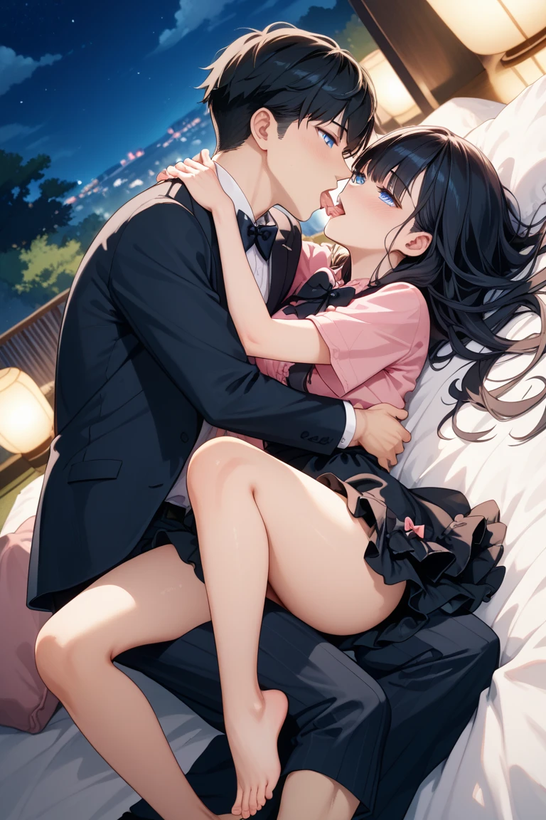 score_9, score_8_up, score_7_up, score_6_up, score_5_up, score_4_up, source_anime, 1girl, bed, black hair, long hair, close eyes, spread arms, messy hair, white shirt, skirt, black high heels, night, dungeon, best quality, best res, 4K UHD,
1guy, blond hair, shirt, shorts, kissing girl,