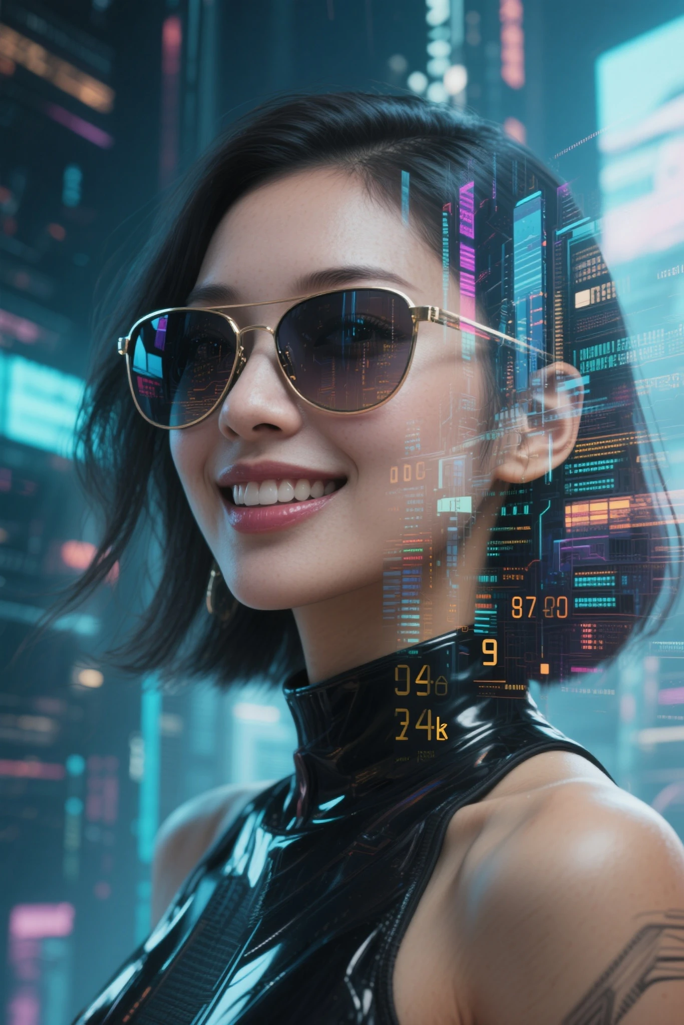 미래적 cyberpunk 풍경,stylish woman,future city reflected in sunglasses,Complex Double Exposure,natural double exposure,Strong smile ,future world expressed in numbers,Detailed Facial Features,graceful posture,Strong impression,4K,high definition,Realistic,Photorealism,Professional Level,sharp focus,physically-based rendering,extreme detail,vivid colors,blurry background,databases,digital art,cyberpunk,photography,Concept Art